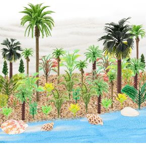 50PCS Mini Model Miniature Palm Trees Beach Coastal City Scenery Coconut Tree Rainforest with Sand and Shells, Architecture Fake Trees for DIY Crafts, Building Model, Scenery Landscape
