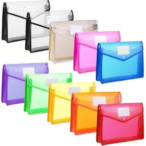 10 Pieces Plastic Expanding File Folder, Waterproof Transparent Plastic File Folders with Snap Closure Clear Document Folders A4 Letter Size for School Home Work Office(Multicolor,Horizontal)