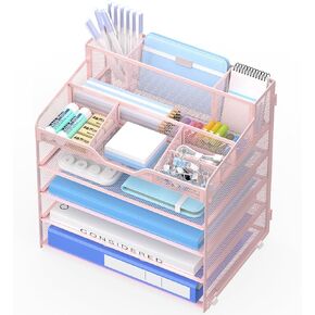 3 Tier Mesh Desk Organizer,Multi Functional Letter Paper Tray with 3 Pen Holders and 5 Adjustable Storage Compartments for Office Supplies Files and Mail Space Saving Desktop Organizer-Pink