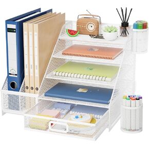 Marbrasse Desk Organizer with File Holder, 5-Tier Paper Letter Tray Organizer with Drawer and 2 Pen Holder,Mesh Desk Organizers and Accessories,Desktop Organizer and Storage for Office Supplies(White)