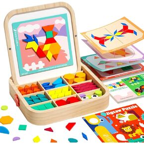 Wooden Magnetic Pattern Blocks Set with Activity Cards, 288 PCS Montessori Puzzle Toys for Toddlers 4-8, STEM Learning Gift for Boys Girls 4 5 6 7 8