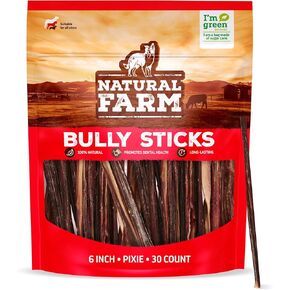 Natural Farm Bully Sticks (6 Inch, 30 Pack), Thin Pizzle Pixie Beef Treats, Grain-Free, High Protein, Best Rawhide Alternative for Small, Puppies or Senior Dogs