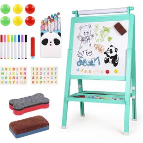 Wooden Art Easel for Toddlers Foldable Kids Easel with Paper Roll Children Double-Sided Whiteboard & Chalkboard Standing Educational Painting and Drawing Easel