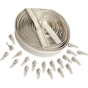 YKK #5 Nylon Coil Beige Continuous Zipper Chain 10 Yards with 25 Automatic Lock Zipper Pulls Same Color for DIY Sewing Crafts or Bags (Beige #572)