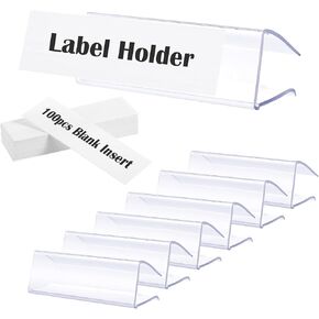 100 Pcs Plastic Shelf Label Holder, 3" L x1" H Wood Shelf Sign Clear Wire Shelf Label Holder with Label Paper Inserts, Shelving Clips Plastic Labels Holders Clips On to Shelves 5/8" to 3/4" Thic
