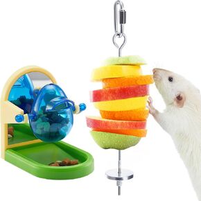 2PCS Rat Enrichment Toys Set - Stainless Steel Fruit/Veg Holder & Treat Dispenser, Interactive Foraging Puzzle Toys for Rats/Mice/Birds, Cage Accessories with Hanging Feeder & Intelligence Game