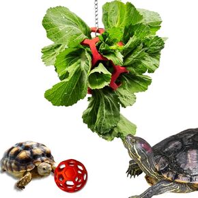 Turtle Feeder Ball with Chain, Hanging Tortoise Treat Ball, Turtle Enrichment Toys, Tortoise Hay Holder, Foraging Food Toy for Small Pet Rabbit Bunny Guinea Pig, Tortoises Accessories (Red Ball)