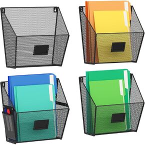 Mesh Wall File Holder, Hanging File Organizer, Mail Organizer Wall Mounted, 4 Pockets Hanging Magazine Holder with 1pcs Pencil Case for Classroom Bedroom Office(BLACK)