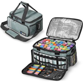 ORKELS Craft Paint and Marker Organizer, Acrylic Paint Storage Bag with Brush and Bottle Holders, Large Marker Carrying Case for Artists (Black)
