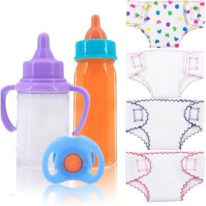 6 Pcs Baby Doll Accessories, 4 Doll Diapers for 14-18 Inch Doll, Magic Disappearing Milk & Juice Bottles with Toy Pacifier for Reborn Baby Doll Diapers and Feeding Bottle Toys Reusable