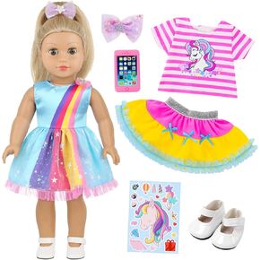 18 Inch Amercian Doll Clothes, 2 Set Girl Doll Clothes and Accessories for 18 Inch Dolls 7 Pcs Include Dress, Hair Clip , Phone, Shoes, Sticker, Top and Mini Skirt (No Doll)