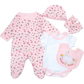 22 inch Reborn Baby Doll Clothes Pink Printed Outfits 5Pieces Set Fit for 20''-22'' Reborn Dolls Baby Girl Matching Clothes