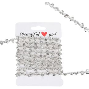 3 Yard Rhinestone Applique Bling Delicate Rhinestone Ribbon Silver Rhinestones Chain for DIY Dress Clothes Wedding Crafts Bouquet Bridal Jewelry 0.3 Inch Wide Rhinestones Decor