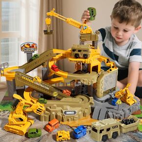PlaySet موقع تعدين Railcar مع Climbing Hills Ramp Track & Crane ، لعبة البناء مع المصعد الكهربائي والشاحنات للأطفال الذين تتراوح أعمارهم بين 4-8 ، بناء هدايا للأولاد 3 4 5 6 7