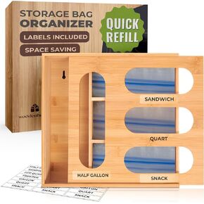 Bamboo Storage Bag Organizer, Sandwich Bag Organizer - Single block Design with Labels Included, Baggie Organizer for drawer, Quick Refill Slider, Compatible with Half Gallon, Quart, Snack size bags