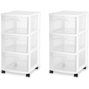 Sterilite 3 Drawer Storage Cart, Plastic Rolling Cart with Wheels Organize Clothes in Bedroom Closet, Easy Assembly, White with Clear Drawers, 2-Pack