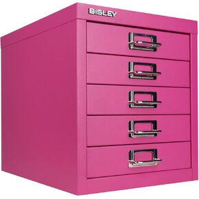 Bisley 5-Drawer Steel MultiDrawer Cabinet - Doulton Blue, Chrome Pull Handles with Label Holders, Powder-Coated Steel, Removable Drawers, Desktop Storage, Labels Included