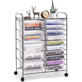 Rolling Cart with 15 Drawers, Rolling Drawer Organizer Cart w/Lockable Wheels, Removable & 2-Sized Storage Drawers, Art Cart for School Home Art Supplies Crafts File Scrapbook