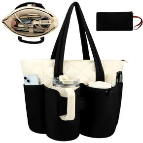 Work Tote Bags for Women with Cup Holder Pocket& 15.6 Inch Laptop Compartment, Large Puffer Tote Bag with Carrying Purse& Trolley Sleeve for Office Commuter Teacher Nurse Female (Black&White)