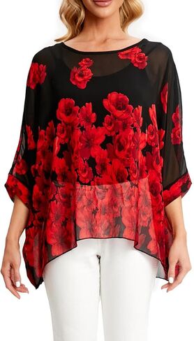 بالإضافة إلى تونيك شيفون صيفي عالي ومنخفض للنساء، بلوزة بوهو بأكمام قصيرة وطبعة زهور ملونة in Kuwait