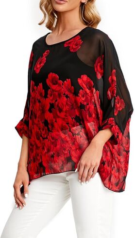 بالإضافة إلى تونيك شيفون صيفي عالي ومنخفض للنساء، بلوزة بوهو بأكمام قصيرة وطبعة زهور ملونة in Kuwait