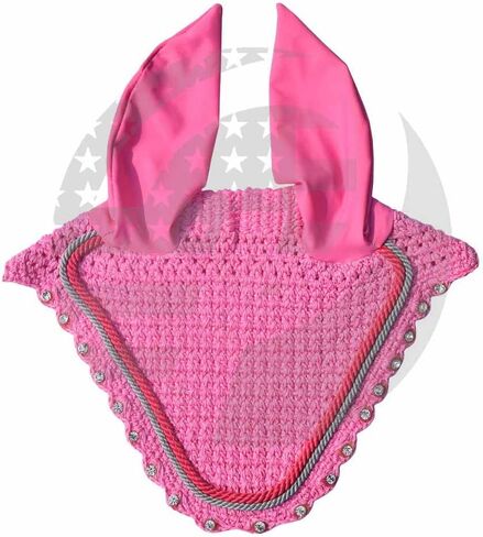 Crystal Horse Fly Bonnet 15 Colors Double Piping Ear Net Fly Veil Mask Breathable Cotton Crochet Tack Equestrian Full Cob Pony (COB, Pink) in Saudi Arabia