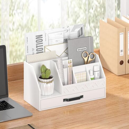 Wisuce Bamboo Mail Organizer Countertop with Drawers, Wooden Desk Organizer File Bill Sorter Storage Box for Desktop Letter Envelope Countertop Holder for Office Home School Organization in Saudi Arabia