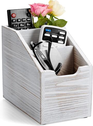 Remote Control Holder, TV Remote Holder, Wood Farmhouse Remote Caddy for Table, Remote Organizer Caddy with 3 Slots, Remote Storage Box for Home Office, Rustic White in Saudi Arabia