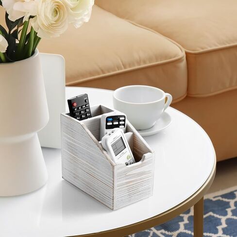 Remote Control Holder, TV Remote Holder, Wood Farmhouse Remote Caddy for Table, Remote Organizer Caddy with 3 Slots, Remote Storage Box for Home Office, Rustic White in Saudi Arabia
