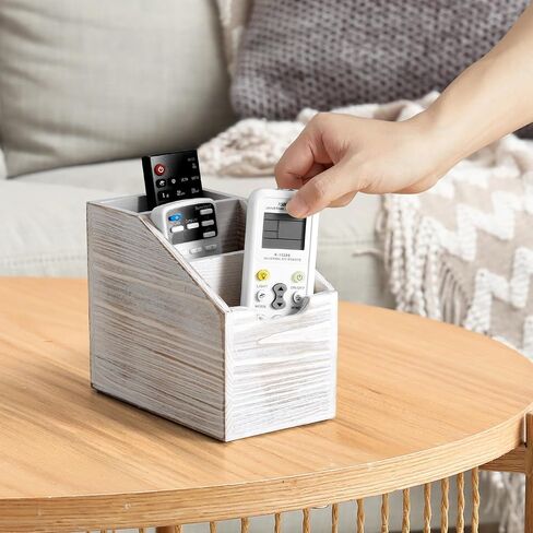 Remote Control Holder, TV Remote Holder, Wood Farmhouse Remote Caddy for Table, Remote Organizer Caddy with 3 Slots, Remote Storage Box for Home Office, Rustic White in Saudi Arabia
