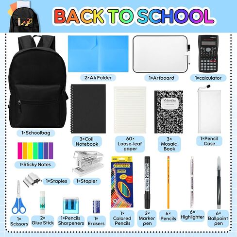 52 Pcs High School Supplies Kit with Backpack, Back to School Supplies Bag Set College Bundle Essential Stuff Bulk Stapler Notebook Calculator for Senior Student Teen Classroom(Black) in Saudi Arabia