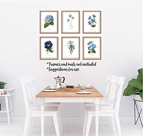لوحة فنية جدارية على شكل زهرة زرقاء - ديكور حائط زهري عتيق - مطبوعات نباتية - صور زهور بألوان مائية - عمل فني لغرفة النوم، وغرفة المعيشة، والمزرعة - مجموعة من 6-11x14 - غير مؤطرة in Kuwait