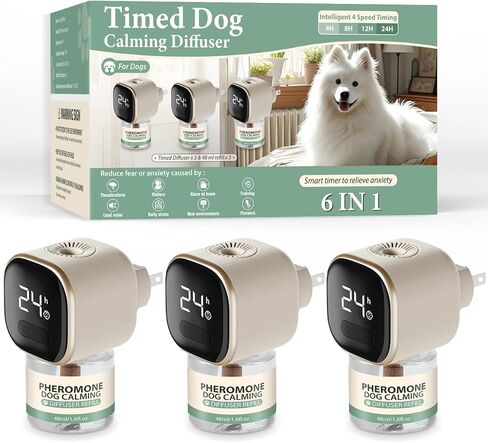 الكلاب الهادئة فيرومونات Diffuser 6 في 1 مراءة الاسترخاء الناشر مع مجموعة PET وظيفة توقيت (3 قابس في +3 إعادة ملء 48 مل) لتخفيف القلق تقليل العدوان النباح الإجهاد (ذوق) in Kuwait