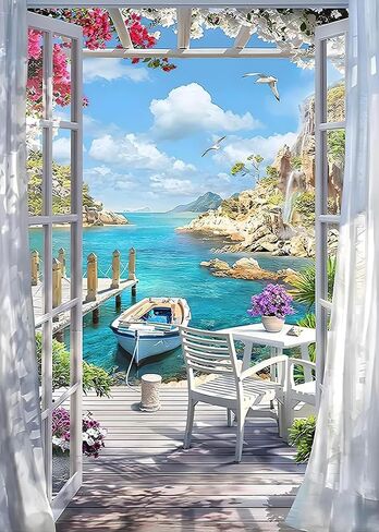 QIOUOL 5D Diamond Art Kits for Adults Beginners,Seaside Vacation DIY Painting with Round Full Drill Diamonds Painting Mosaic Gems Art for Home Office Wall Decor 12x16 Inch in Kuwait