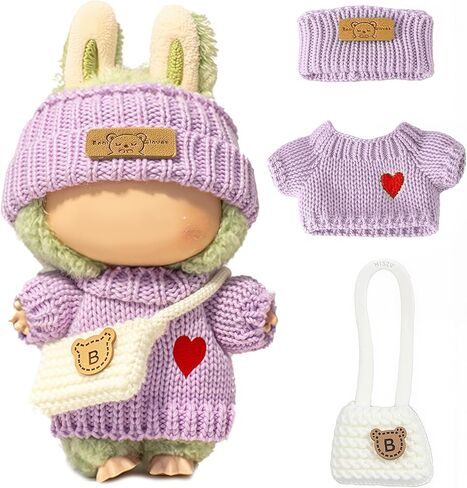 Clothes for LABUUB Doll (NO Doll), Handcrafted Crochet 3-Piece Set for Doll Accessories, Premium Outfit - Heart Sweater + Hat + Bag, Cute Clothes for Dress up Unique Style (Purple) in Kuwait