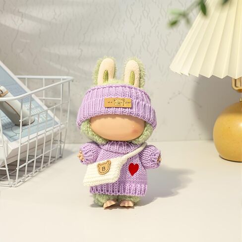 Clothes for LABUUB Doll (NO Doll), Handcrafted Crochet 3-Piece Set for Doll Accessories, Premium Outfit - Heart Sweater + Hat + Bag, Cute Clothes for Dress up Unique Style (Purple) in Kuwait