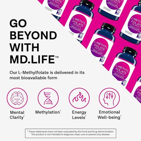MD Life L-Methylfolate 5mg - مكمل Methylfolate النشط بدرجة احترافية - مكملات MTHFR ذات الفعالية القصوى - L methylfolate 5mg 90 كبسولة - الأحماض الأمينية الأساسية in Kuwait