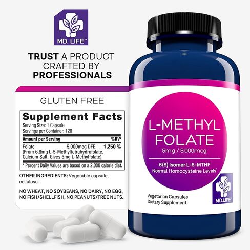 MD Life L-Methylfolate 5mg - مكمل Methylfolate النشط بدرجة احترافية - مكملات MTHFR ذات الفعالية القصوى - L methylfolate 5mg 90 كبسولة - الأحماض الأمينية الأساسية in Kuwait