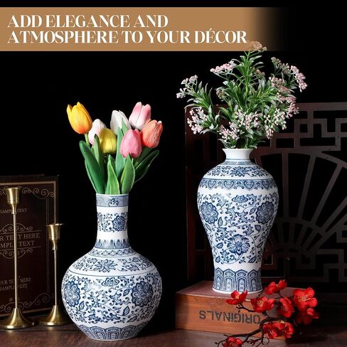 Maxcheck 2 قطعة الخزف الأزرق والأبيض مزهرية 9 بوصة Chinoiserie زهرية خمر السيراميك الشرقية زهرية الصينية اليدوية الكلاسيكية زهرة زهرية ديكور للمنزل مكتب رف الكتب الجدول in Saudi Arabia