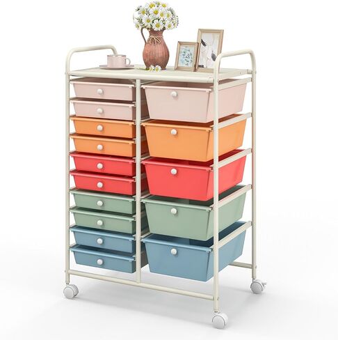 Rolling Cart with 15 Drawers, Rolling Drawer Organizer Cart w/Lockable Wheels, Removable & 2-Sized Storage Drawers, Art Cart for School Home Art Supplies Crafts File Scrapbook in Saudi Arabia