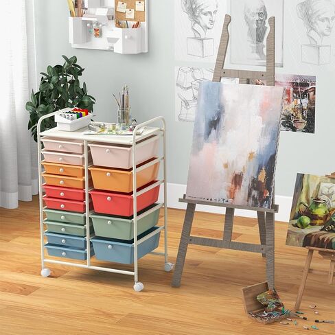 Rolling Cart with 15 Drawers, Rolling Drawer Organizer Cart w/Lockable Wheels, Removable & 2-Sized Storage Drawers, Art Cart for School Home Art Supplies Crafts File Scrapbook in Saudi Arabia