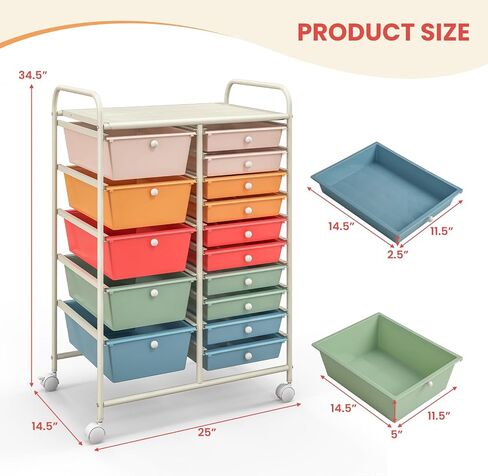 Rolling Cart with 15 Drawers, Rolling Drawer Organizer Cart w/Lockable Wheels, Removable & 2-Sized Storage Drawers, Art Cart for School Home Art Supplies Crafts File Scrapbook in Saudi Arabia