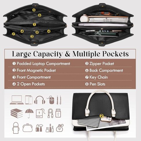 RAINSMORE Laptop Bag for Women 15.6 Inch Waterproof PU Leather Work Tote Bags Large Laptop Purse for Women Professional Womens Briefcase Computer Bags for Business Office Teacher, Black & White in Saudi Arabia