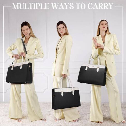RAINSMORE Laptop Bag for Women 15.6 Inch Waterproof PU Leather Work Tote Bags Large Laptop Purse for Women Professional Womens Briefcase Computer Bags for Business Office Teacher, Black & White in Saudi Arabia