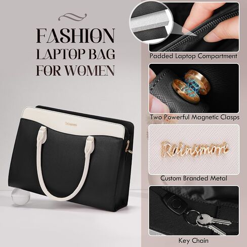 RAINSMORE Laptop Bag for Women 15.6 Inch Waterproof PU Leather Work Tote Bags Large Laptop Purse for Women Professional Womens Briefcase Computer Bags for Business Office Teacher, Black & White in Saudi Arabia