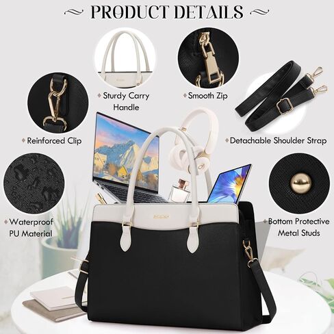 RAINSMORE Laptop Bag for Women 15.6 Inch Waterproof PU Leather Work Tote Bags Large Laptop Purse for Women Professional Womens Briefcase Computer Bags for Business Office Teacher, Black & White in Saudi Arabia