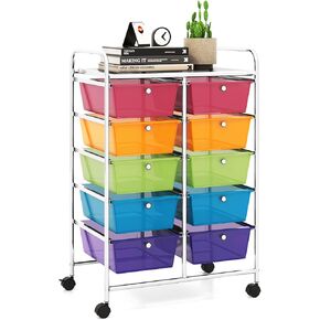 LDAILY 10 Drawer Rolling Cart, Storage Cart Organizer on Wheels, Drawer Cart with Metal Frame & Large Storage Capacity, Rolling Cart with Drawers for Living Room Classroom, Office (White)