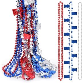 12 Pcs 33" 4th of July Bead Necklaces Bulk - Red White Blue Patriotic Beads with USA Flag and Star Designs for Memorial Day and Independence Day Celebrations