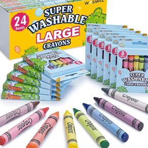 Super Washable Jumbo Crayons Bulk, 24 Pack Crayons with 8 Bright Colors, Non-Toxic Easy-Grip for Toddlers 1-3 & Kids Ages 4-8, Safe Art Supplies for Coloring Books & School Projects