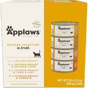 Applaws Natural Wet Cat Food in Broth, Limited Ingredient Canned Wet Cat Food, No Additives, Made with Natural Ingredients, Fish Selection in Broth Cans (20 x 5.5 oz Cans)